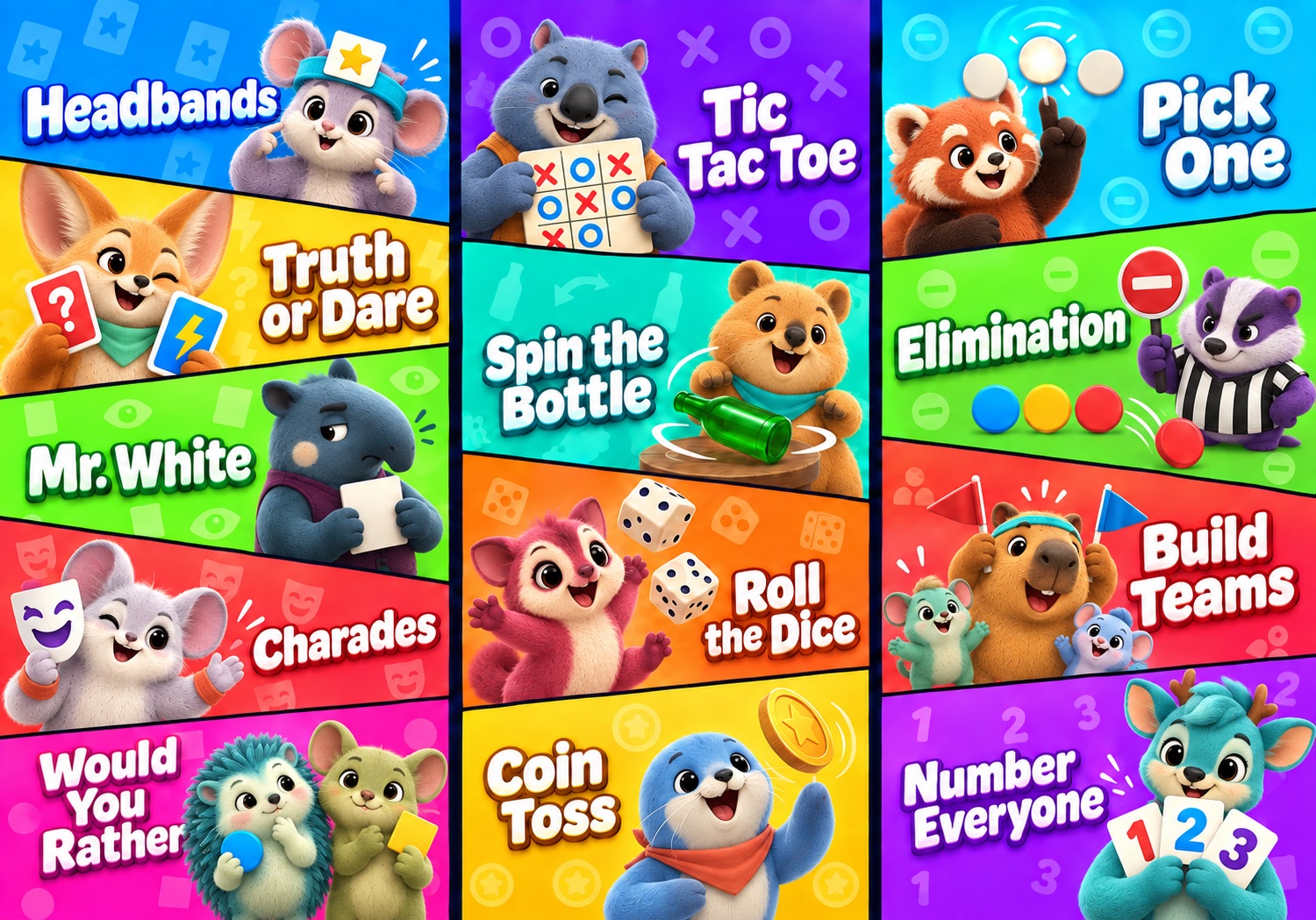A colorful grid of Party Up games